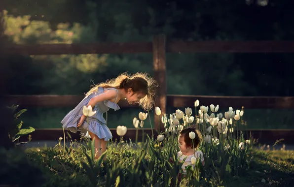 Picture flowers, nature, children, the game, spring, girl, tulips, Marianne Smolin