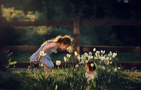 Flowers, nature, children, girls, the game, spring, tulips, Marianne Smolin