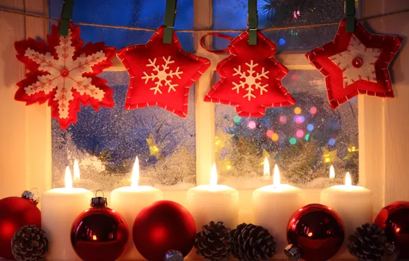 Stars, snow, decoration, snowflakes, Windows, candles, New year, star