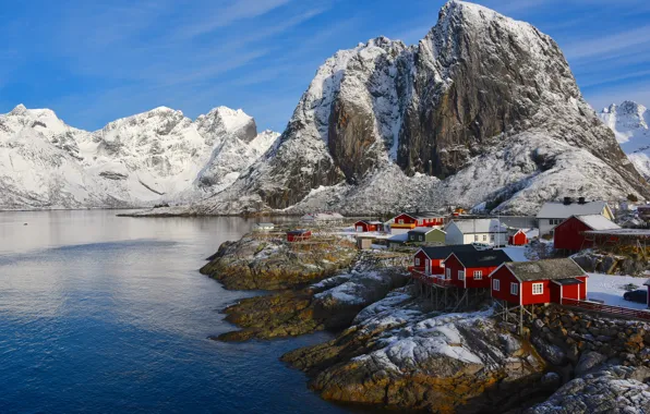 Picture sea, snow, landscape, mountains, nature, home, Norway, The Lofoten Islands