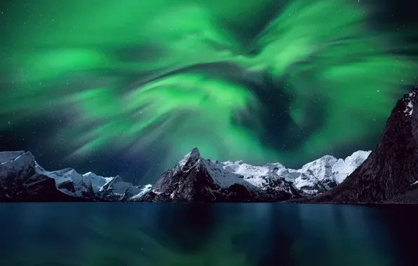 The sky, stars, snow, mountains, night, Northern lights, Norway, The Lofoten Islands