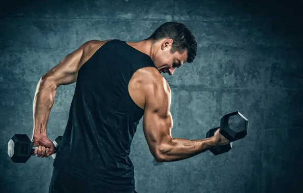 Pose, muscle, training, athlete, dumbbells, biceps, bodybuilder, training
