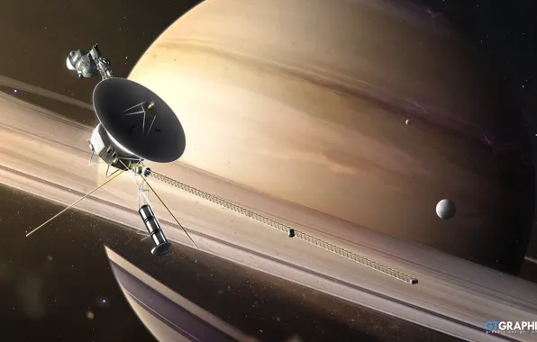 Space, planet, satellite, ring, Saturn, stars, Saturn Fly
