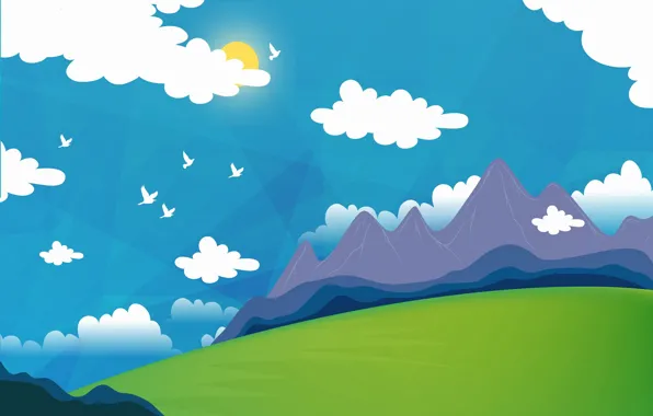The sun, clouds, mountains, birds