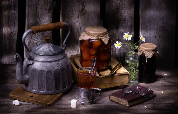 Flowers, glass, Board, chamomile, kettle, glasses, sugar, book