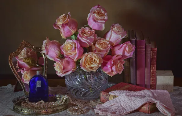 Flowers, style, books, roses, perfume, mirror, pearl, gloves