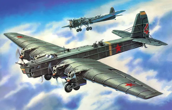 The plane, art, USSR, bomber, BBC, WWII, Tupolev, heavy