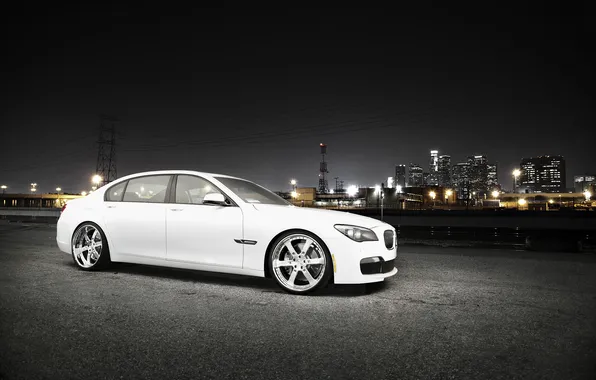 White, night, the city, BMW, BMW, white, skyscrapers, megapolis