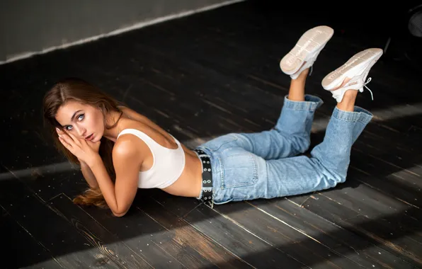 Picture look, girl, pose, Board, jeans, on the floor, Dmitry Shulgin