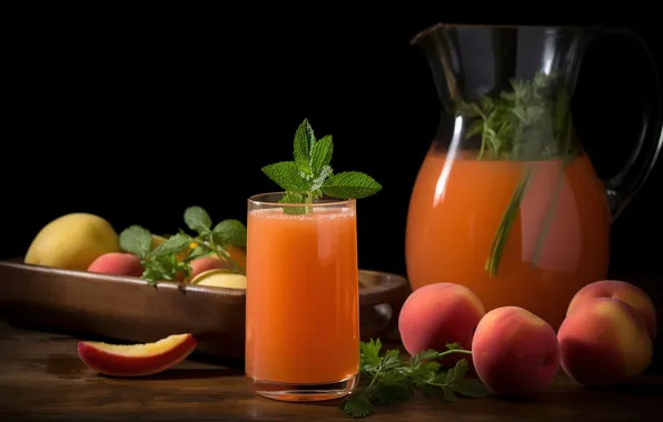 Glass, juice, pitcher, peaches, mint, peach, digital art, AI art