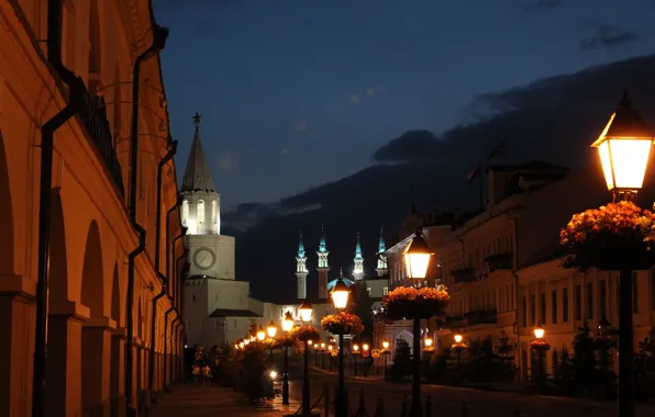 The sky, flowers, lights, street, The Kremlin, mosque, twilight, Kazan