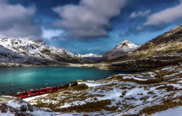 Snow, mountains, lake, train, Switzerland, Alps, Switzerland, Engadin