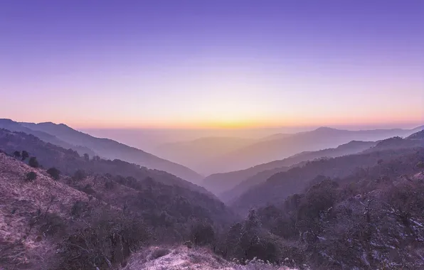 Picture sky, mountains, morning, fog, sunrise, dawn, horizon