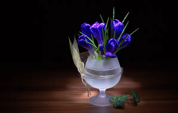 Blue, lights, glass, spring, rope, silver, crocuses, vase
