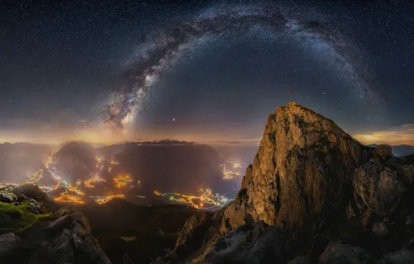 Stars, light, mountains, night, lights, fog, open, rocks