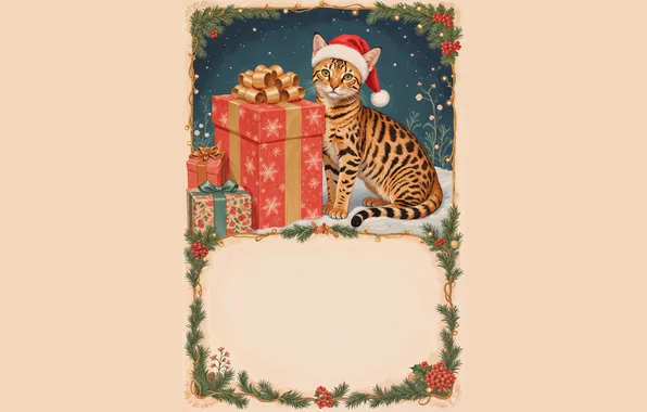 Winter, cat, cat, look, snow, frame, Christmas, gifts