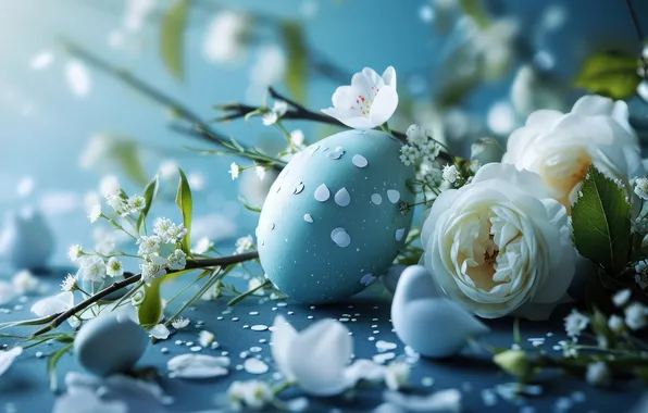 Flowers, branches, holiday, roses, eggs, blue, Easter, white