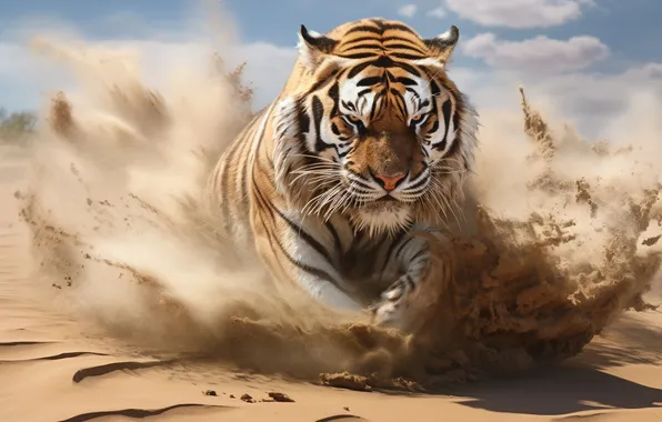 Sand, Look, Tiger, Jump, Running, Predator, Digital art, Big cat