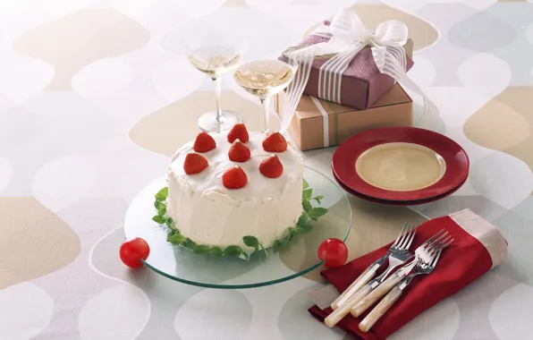 Gift, glasses, strawberry, tape, cake, cake, fork, 1920x1200