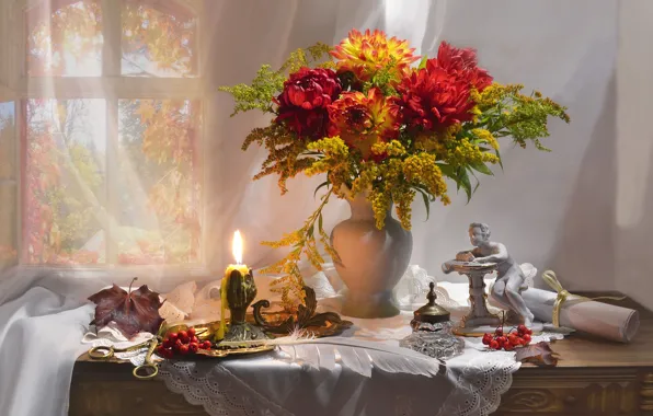 Picture autumn, grass, flowers, paper, berries, pen, candle, window