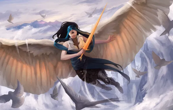 Picture girl, sword, fantasy, wings, birds, Angel, castle, artwork