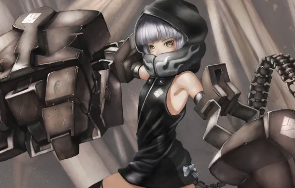 Metal, weapons, hands, hood, girl, tail, black rock shooter, yuu