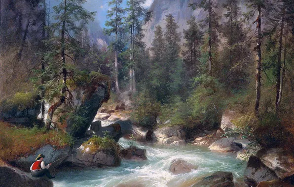 Trees, Stream, Picture, Fisherman, Carl Hasch, Austrian artist, By a bushy forest stream, Karl Hush
