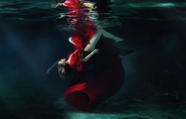 BODY, WATER, BUBBLES, RUFFLE, DRESS, RED, FABRIC, SURFACE