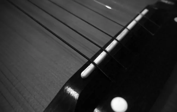 Macro, glare, texture, strings, Guitar, black and white