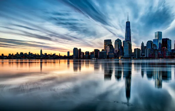 The sky, clouds, the city, reflection, dawn, shore, building, tower