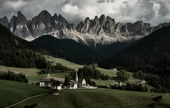 Forest, mountains, Alps, Church, houses, settlement