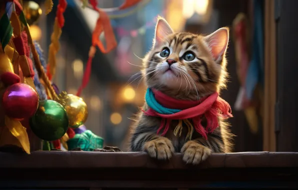 Cat, look, balls, lights, pose, tape, kitty, grey