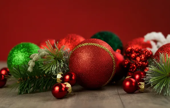 Balls, branches, green, Christmas, red, New year, needles, red background