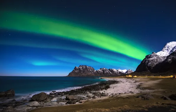 Picture sea, the sky, mountains, stones, coast, Northern lights, Norway, Norway