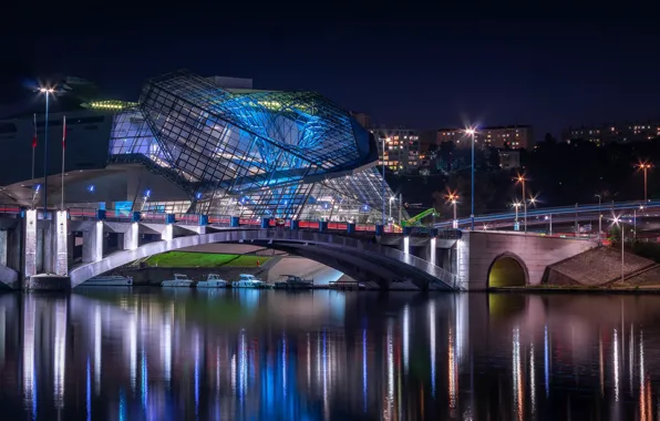 Night, lights, France, Lyon, Museum merger
