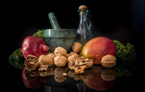 Greens, reflection, table, fruit, mango, black background, nuts, still life
