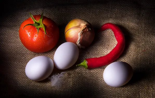 Eggs, bow, pepper, still life, tomatoes