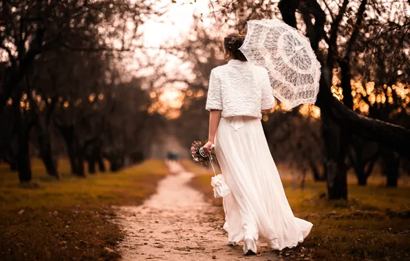 Picture autumn, bouquet, the bride, alley, wedding dress, wedding photo