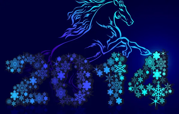 Snowflakes, holiday, horse, New year, blue background, 2014