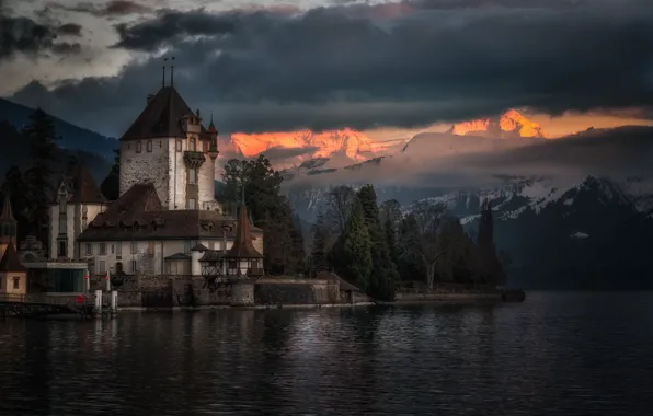 Mountains, lake, castle, the evening, Switzerland, Alps, Switzerland, Alps