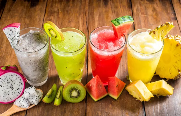 Picture watermelon, kiwi, juice, glasses, drink, fruit, pineapple, smoothies