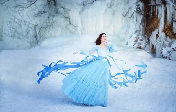 Winter, forest, look, girl, snow, branches, pose, tape