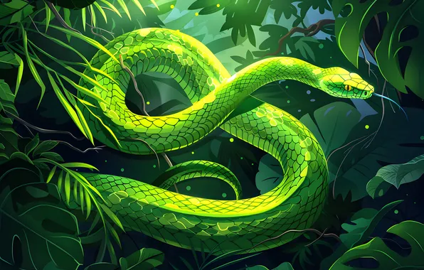 Snake, Leaves, Jungle, Art, Reptile, Animal, Digital art, AI art