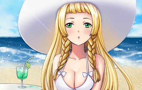Girl, sexy, cleavage, beach, green eyes, long hair, sea, boobs