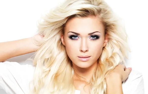 Girl, makeup, blonde, white background, shirt, blue-eyed
