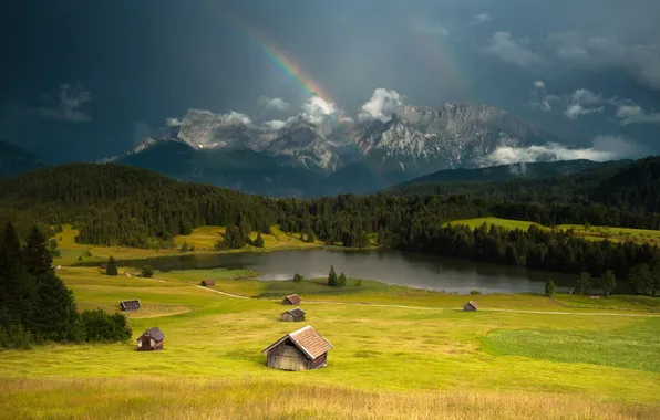Landscape, home, rainbow, valley
