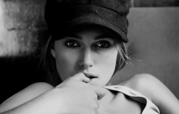 Actress, black and white, cap, Keira Knightley, everyday
