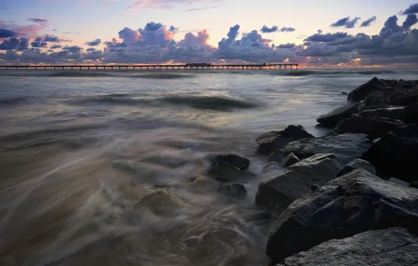 Sea, sunset, clouds, stones, pierce
