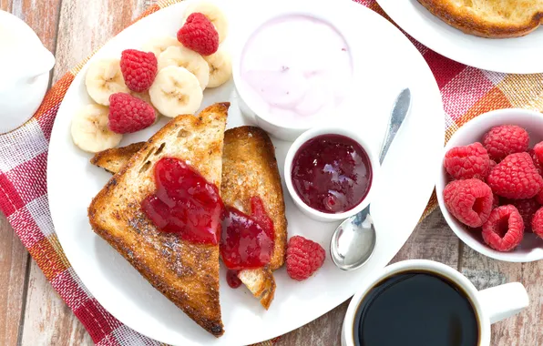 Berries, raspberry, coffee, banana, jam, toast, yogurt