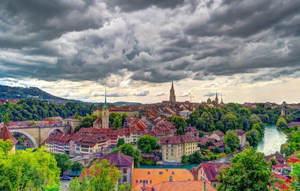 Picture river, home, Switzerland, panorama, Bern